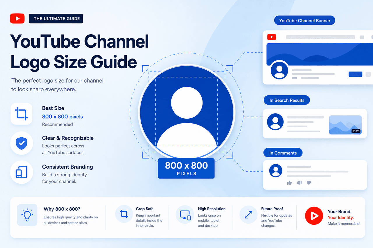 YouTube channel logo size guide — 800×800 px profile picture dimensions for creators