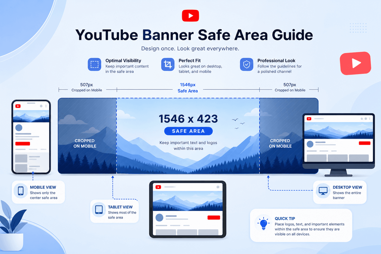 YouTube channel banner safe area diagram showing the 1546×423 px visible zone on TV, desktop, and mobile