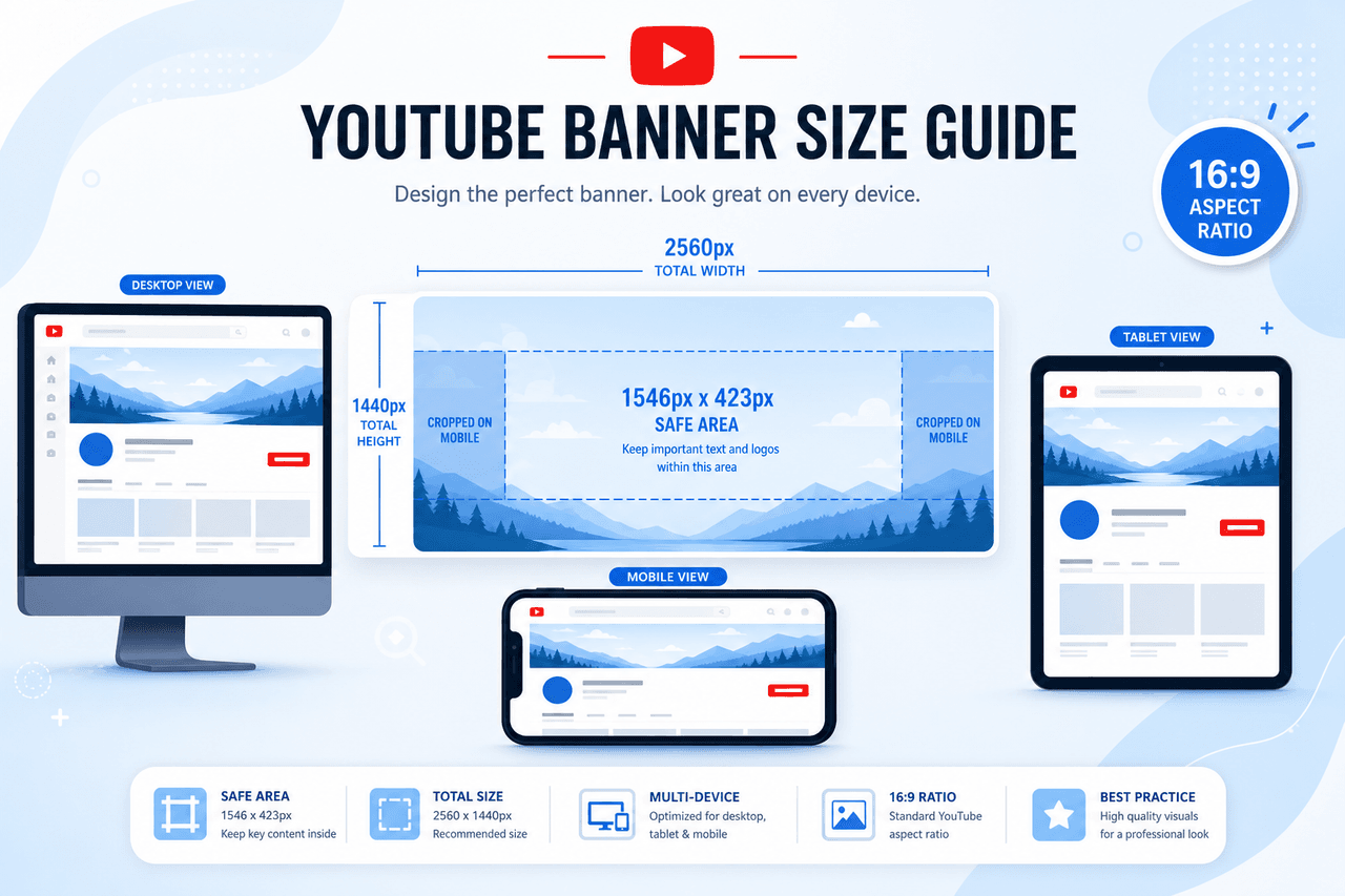 YouTube banner size guide infographic — 2560×1440 px dimensions and safe area for channel art