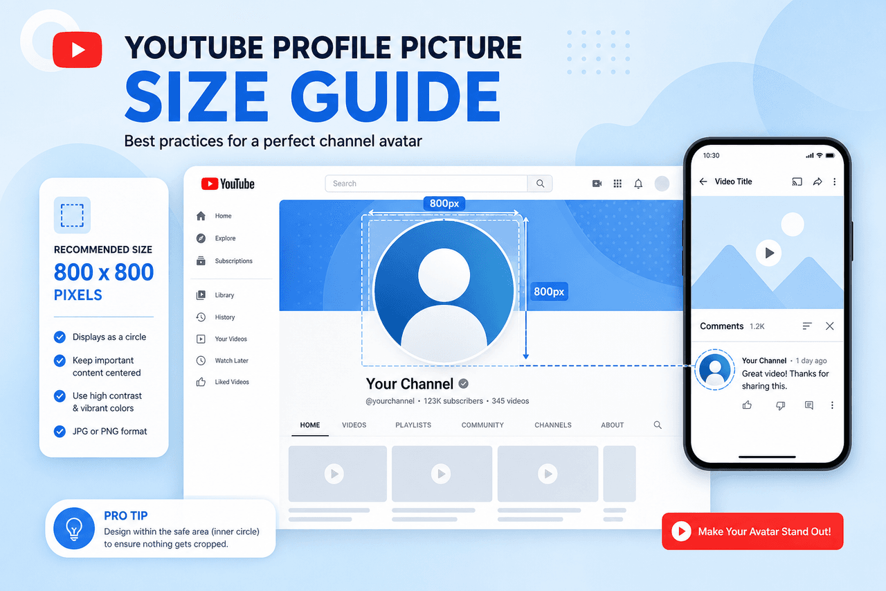 YouTube profile picture size guide — 800×800 px avatar dimensions and circular crop preview