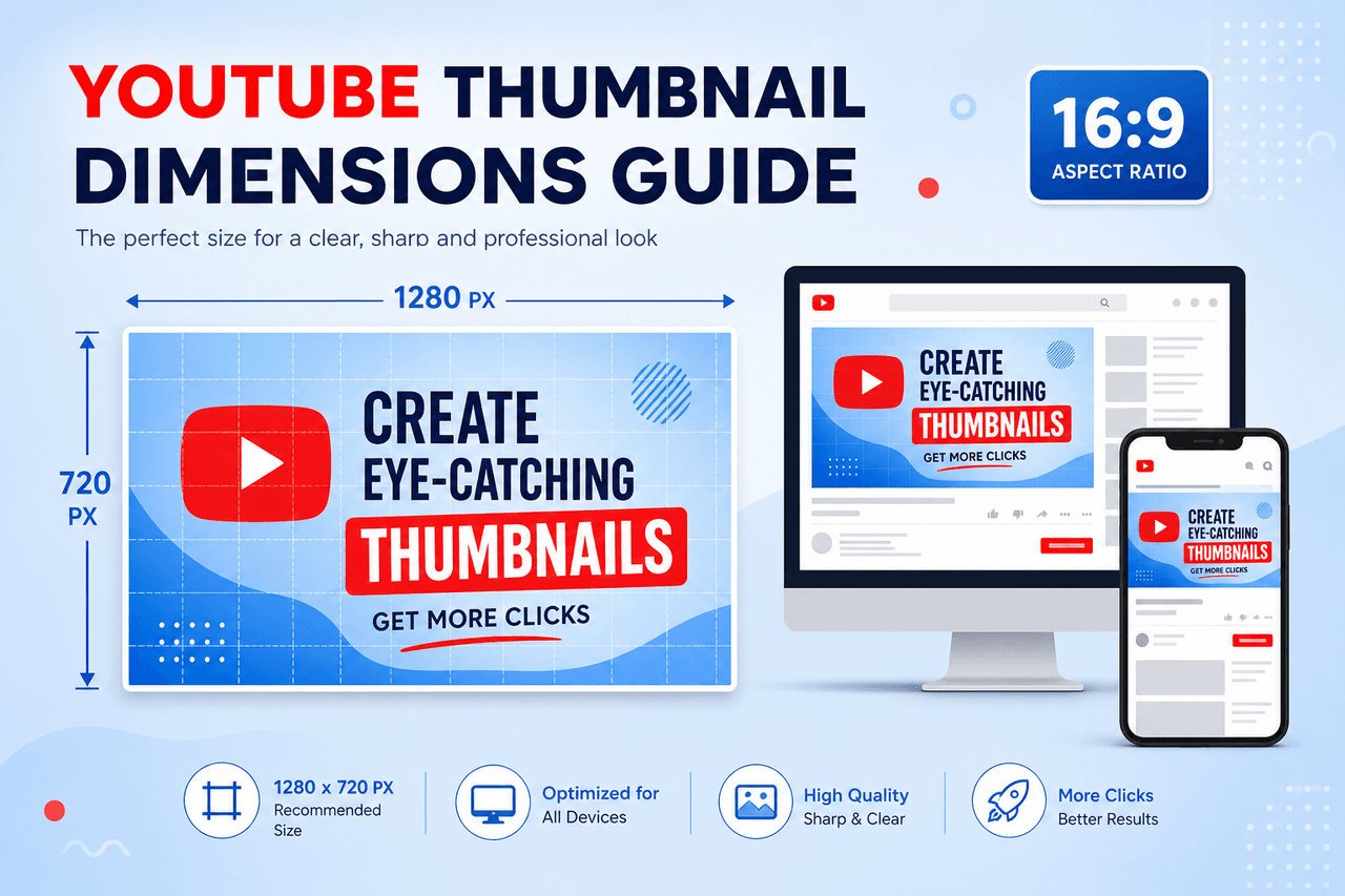 YouTube thumbnail dimensions explained — 1280×720 px, 16:9 aspect ratio size chart